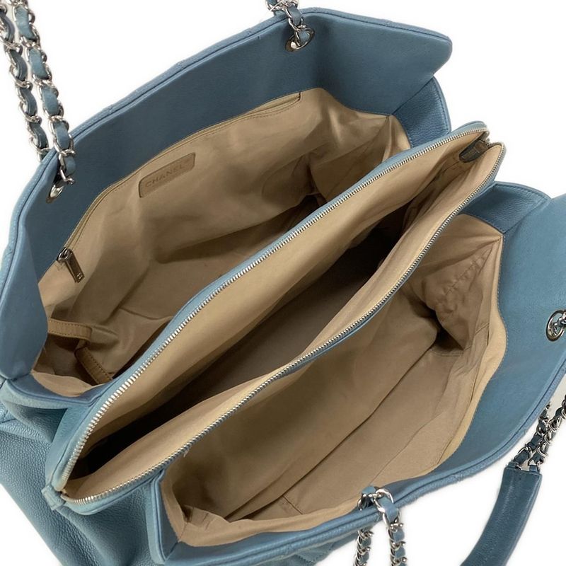 Chanel Tote Bag Matelasse Blue Grey Chain Shoulder Silver Hardware