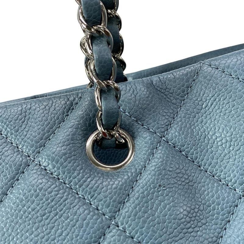 Chanel Tote Bag Matelasse Blue Grey Chain Shoulder Silver Hardware