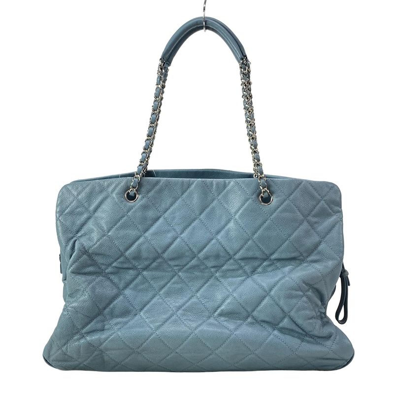 Chanel Tote Bag Matelasse Blue Grey Chain Shoulder Silver Hardware