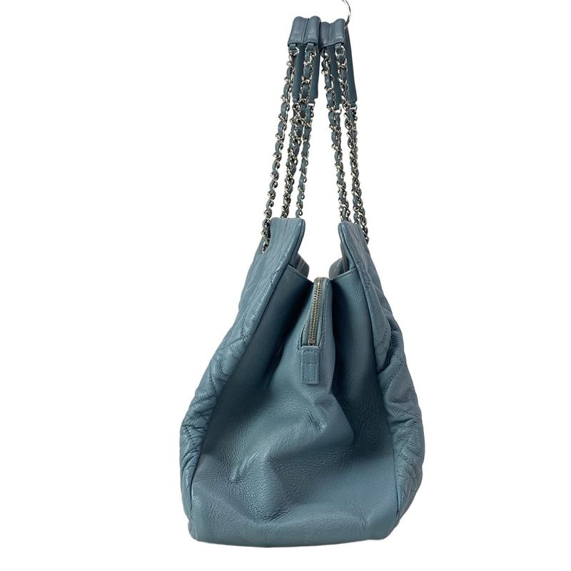 Chanel Tote Bag Matelasse Blue Grey Chain Shoulder Silver Hardware