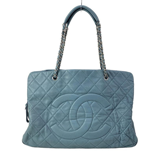 Chanel Tote Bag Matelasse Blue Grey Chain Shoulder Silver Hardware