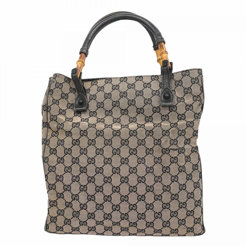 Gucci Tote Bag GG Canvas Bamboo 112530 Canvas Black Beige Silver Hardware Women