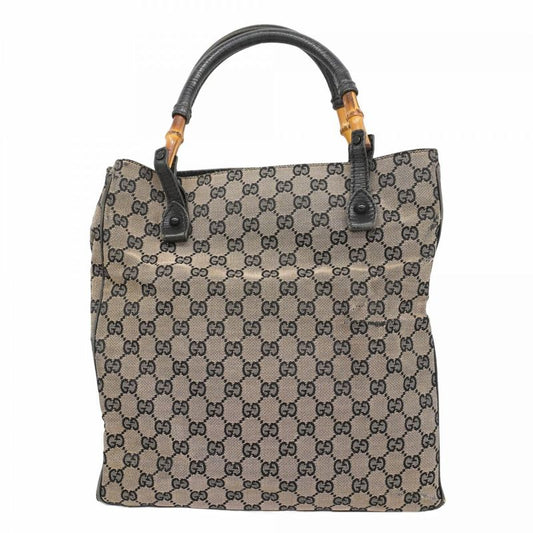 Gucci Tote Bag GG Canvas Bamboo 112530 Canvas Black Beige Silver Hardware Women