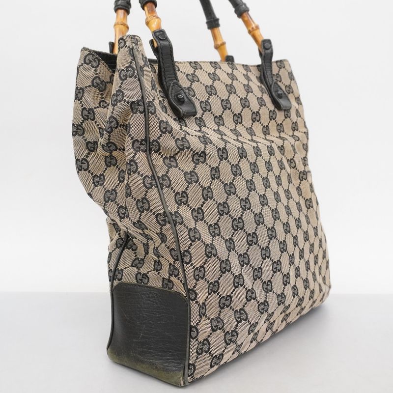 Gucci Tote Bag GG Canvas Bamboo 112530 Canvas Black Beige Silver Hardware Women