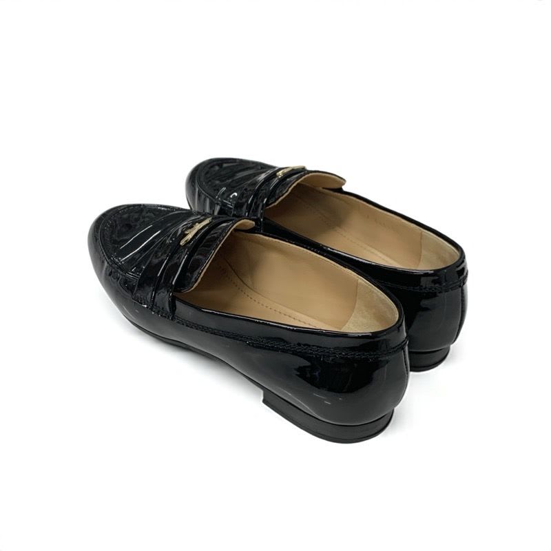 Chanel Loafer Leather Shoes Enamel Black Gold Here Mark