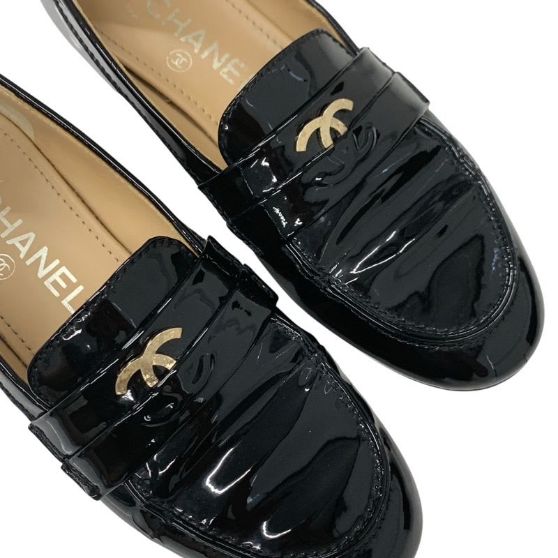 Chanel Loafer Leather Shoes Enamel Black Gold Here Mark