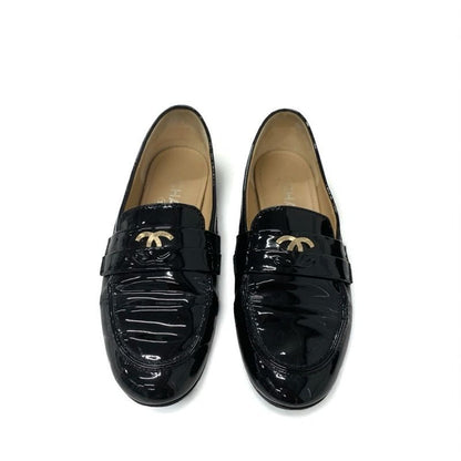 Chanel Loafer Leather Shoes Enamel Black Gold Here Mark