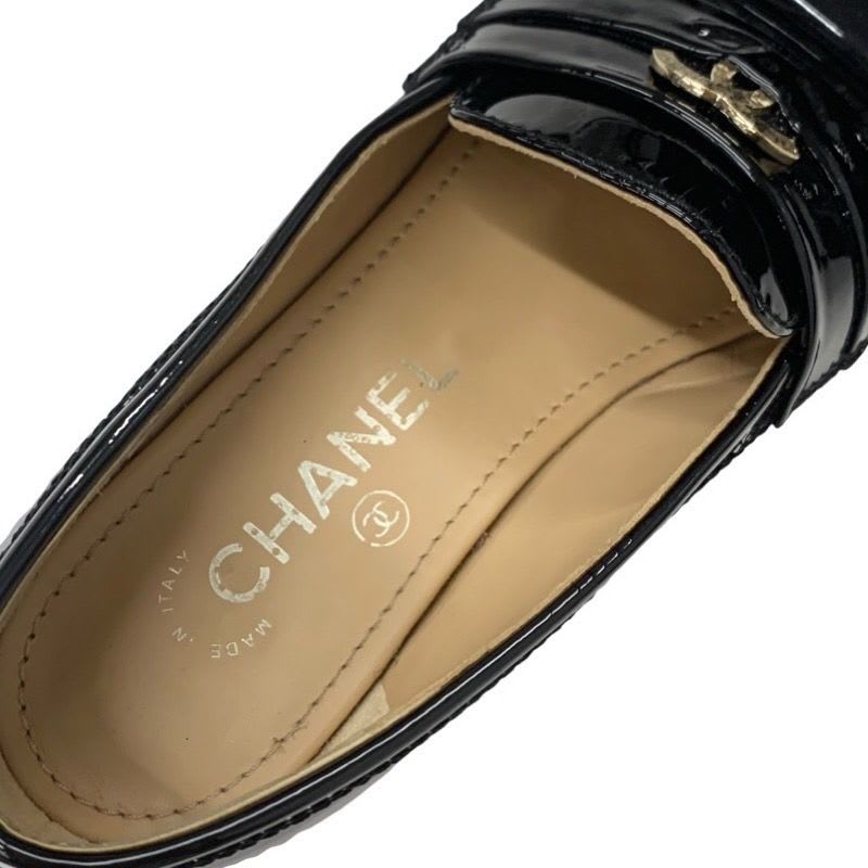 Chanel Loafer Leather Shoes Enamel Black Gold Here Mark