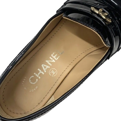Chanel Loafer Leather Shoes Enamel Black Gold Here Mark