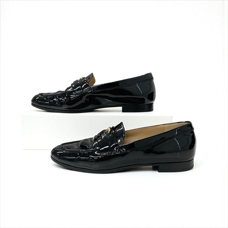 Chanel Loafer Leather Shoes Enamel Black Gold Here Mark