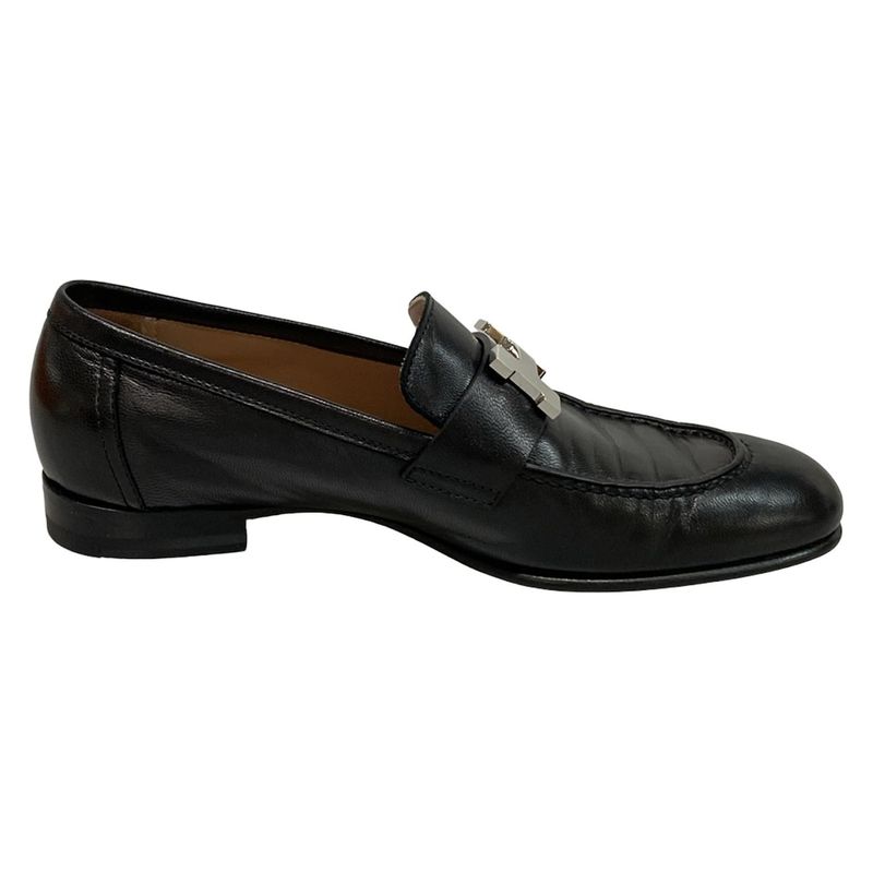 Hermes Loafer 34 Women's Moccasin Paris Black And Silver Hardware Leather