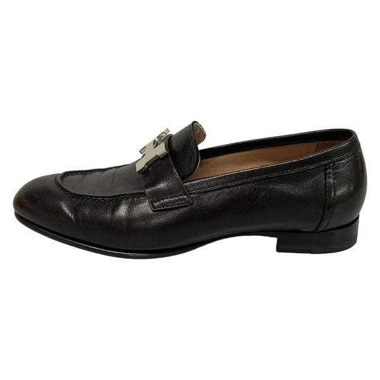 Hermes Loafer 34 Women's Moccasin Paris Black And Silver Hardware Leather
