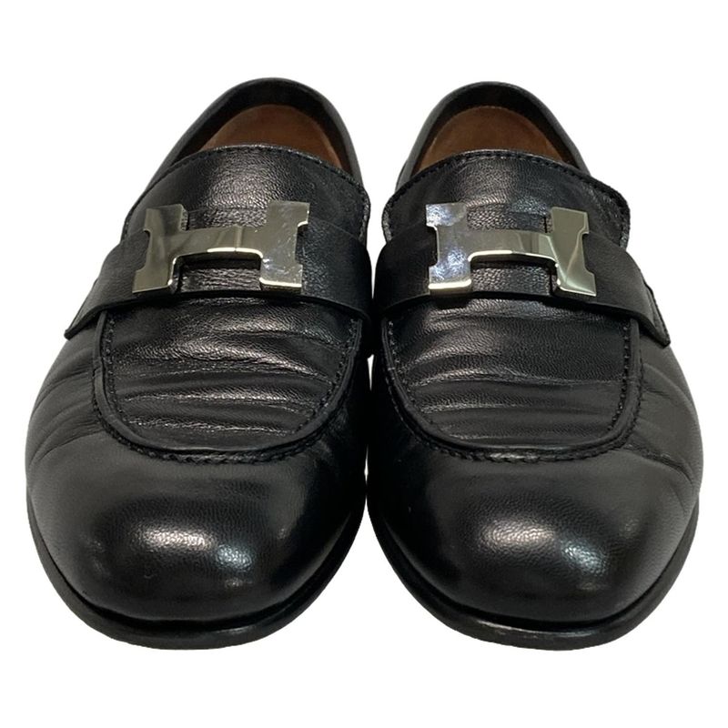 Hermes Loafer 34 Women's Moccasin Paris Black And Silver Hardware Leather