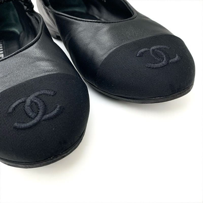 Chanel Flat Shoes Leather Fabric Black Coco Mark Ballet Shoes Mary Jane