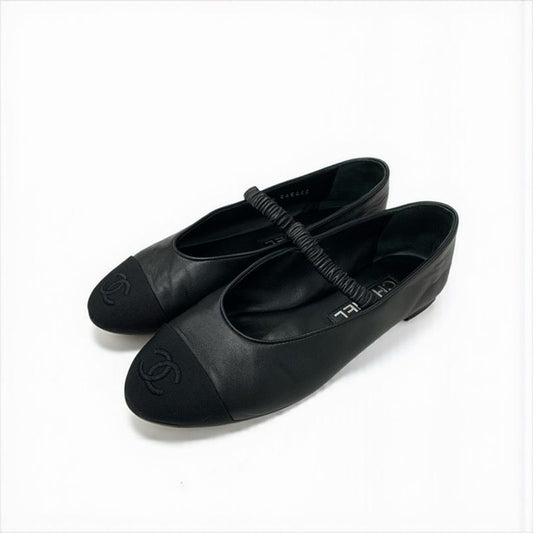 Chanel Flat Shoes Leather Fabric Black Coco Mark Ballet Shoes Mary Jane