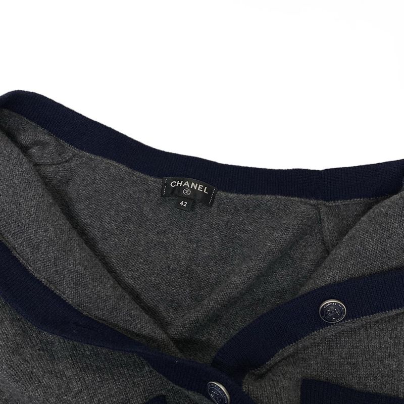 Chanel Cardigan Size 42 L Women - P59182 Grey And Dark Navy Long Sleeves 2018