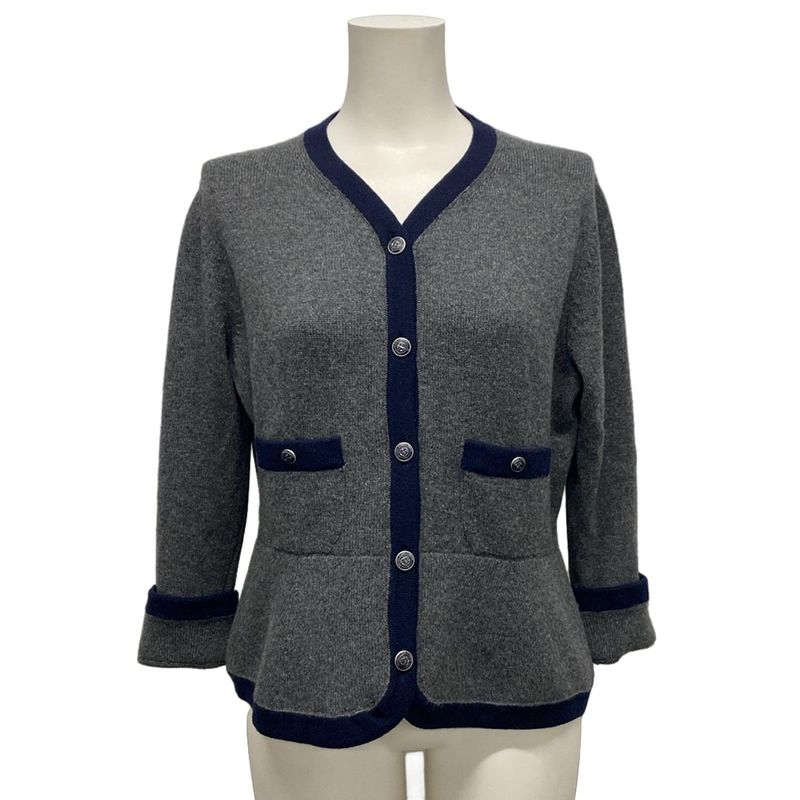 Chanel Cardigan Size 42 L Women - P59182 Grey And Dark Navy Long Sleeves 2018