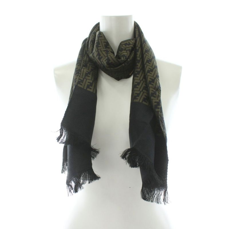 Fendi Cravatte Shawl Scarf Fringe Zucca Pattern Logo Silk Khaki Black KU - OH