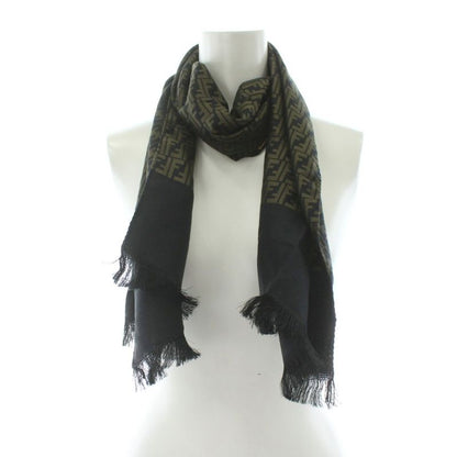 Fendi Cravatte Shawl Scarf Fringe Zucca Pattern Logo Silk Khaki Black KU - OH