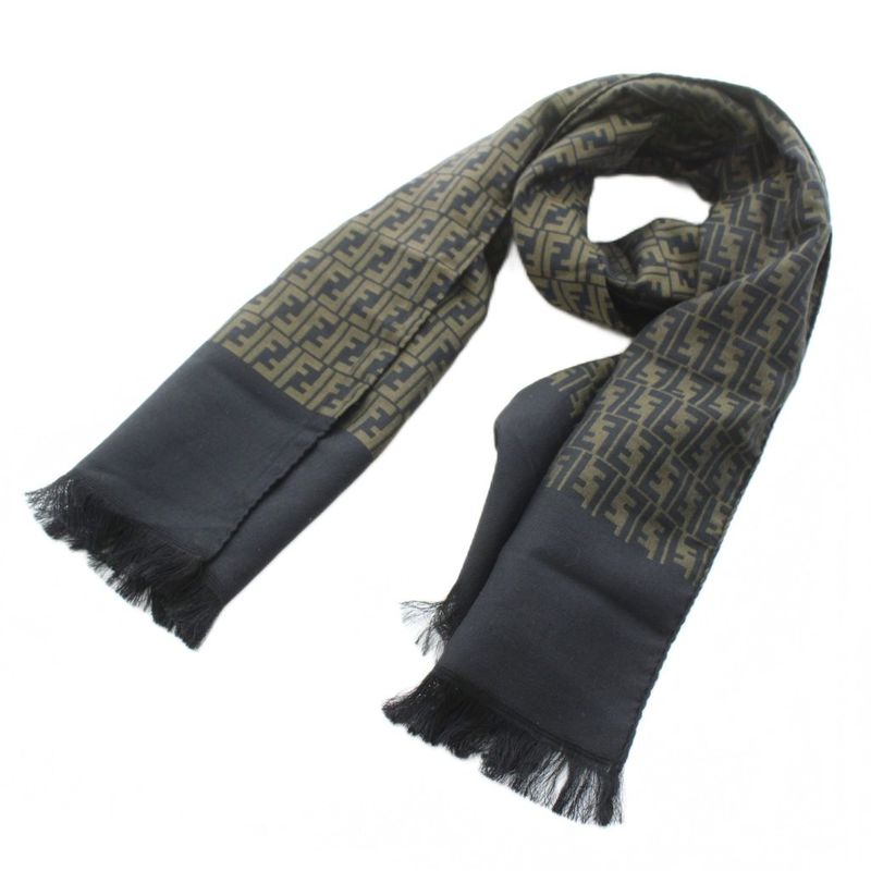 Fendi Cravatte Shawl Scarf Fringe Zucca Pattern Logo Silk Khaki Black KU - OH