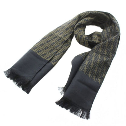 Fendi Cravatte Shawl Scarf Fringe Zucca Pattern Logo Silk Khaki Black KU - OH