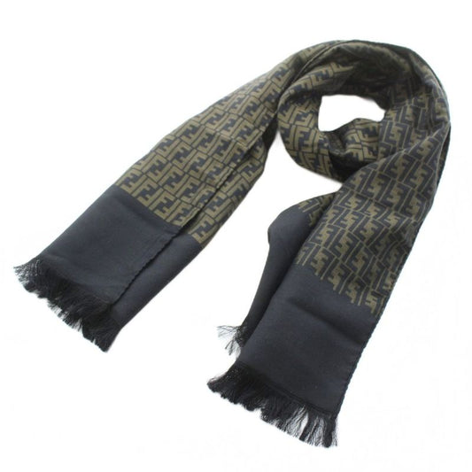 Fendi Cravatte Shawl Scarf Fringe Zucca Pattern Logo Silk Khaki Black KU - OH