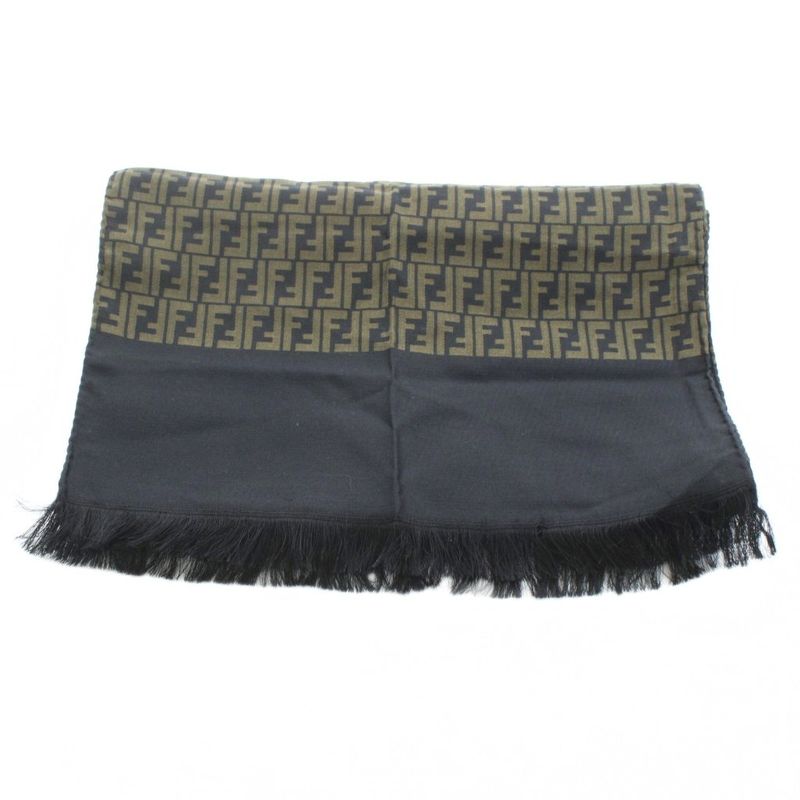Fendi Cravatte Shawl Scarf Fringe Zucca Pattern Logo Silk Khaki Black KU - OH