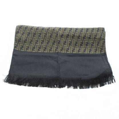 Fendi Cravatte Shawl Scarf Fringe Zucca Pattern Logo Silk Khaki Black KU - OH