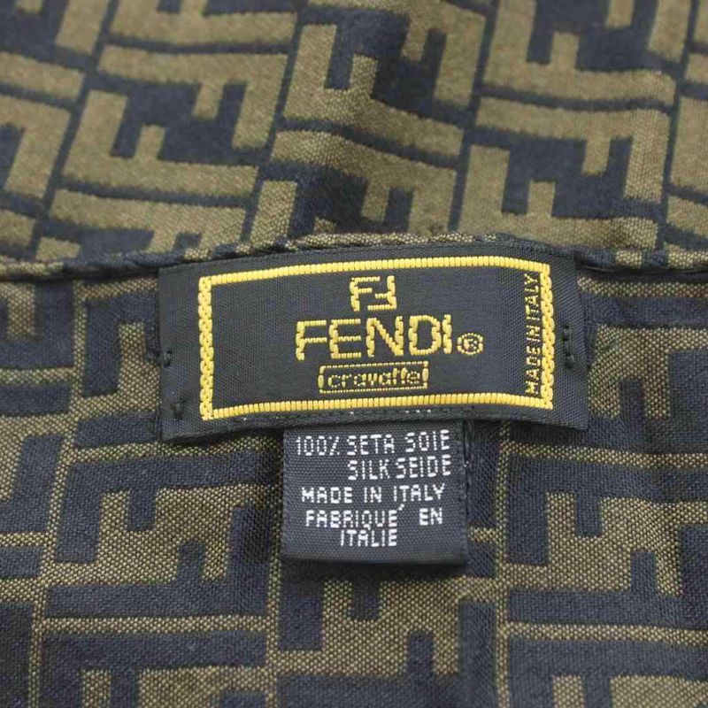 Fendi Cravatte Shawl Scarf Fringe Zucca Pattern Logo Silk Khaki Black KU - OH