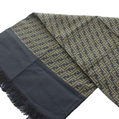 Fendi Cravatte Shawl Scarf Fringe Zucca Pattern Logo Silk Khaki Black KU - OH
