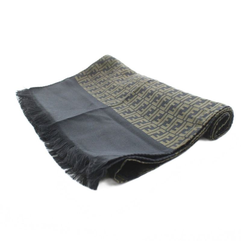 Fendi Cravatte Shawl Scarf Fringe Zucca Pattern Logo Silk Khaki Black KU - OH