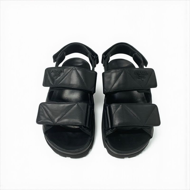Prada Sandals Shoes Leather Black Logo Padded Nappa Velcro