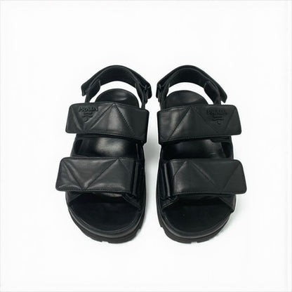 Prada Sandals Shoes Leather Black Logo Padded Nappa Velcro