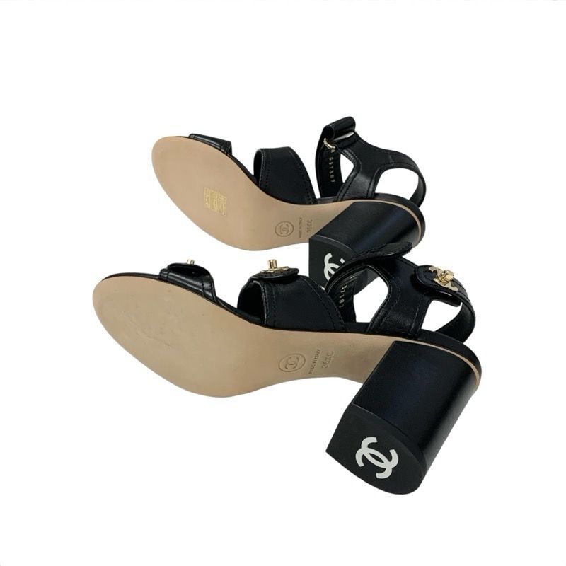 Chanel Sandals Shoes Leather Black Gold Coco Mark Logo Turnlock Velcro