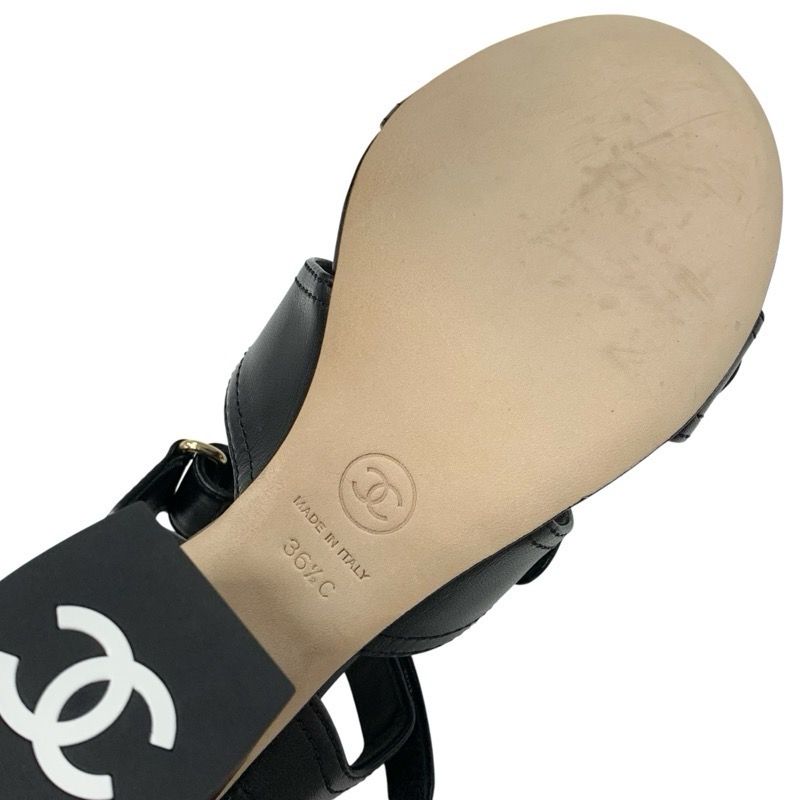 Chanel Sandals Shoes Leather Black Gold Coco Mark Logo Turnlock Velcro