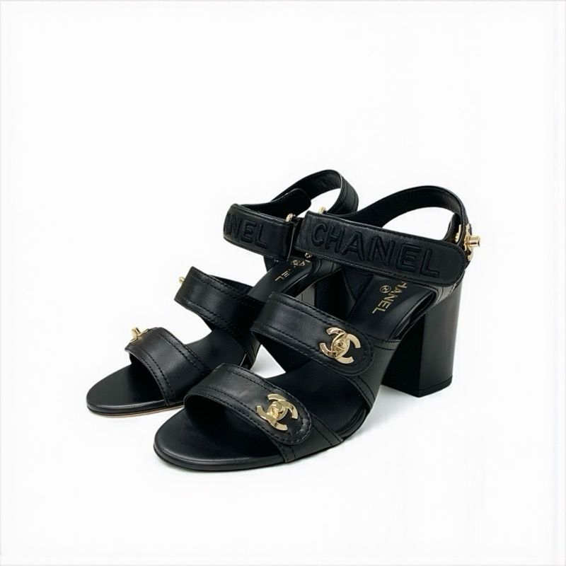 Chanel Sandals Shoes Leather Black Gold Coco Mark Logo Turnlock Velcro
