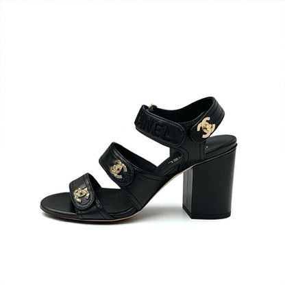 Chanel Sandals Shoes Leather Black Gold Coco Mark Logo Turnlock Velcro