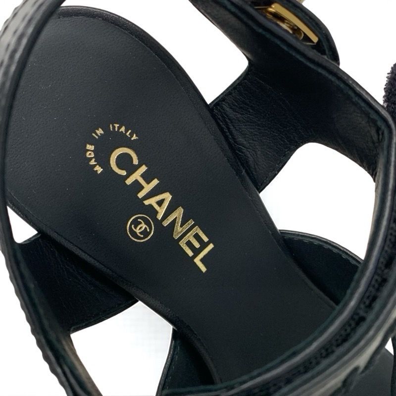 Chanel Sandals Shoes Leather Black Gold Coco Mark Logo Turnlock Velcro