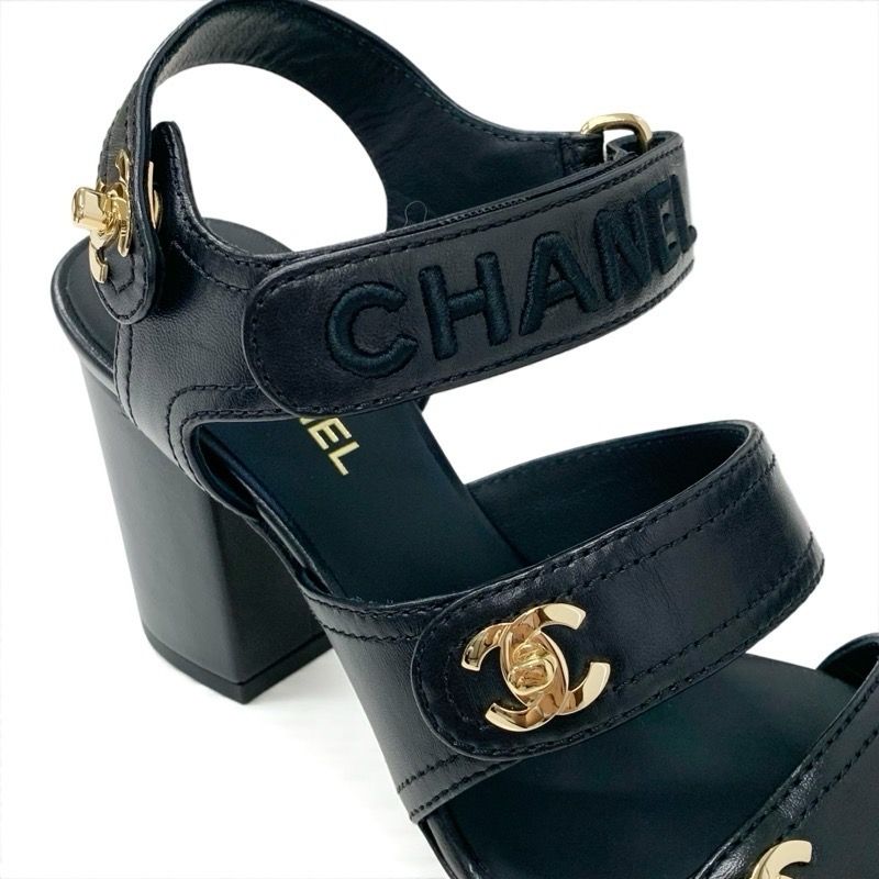 Chanel Sandals Shoes Leather Black Gold Coco Mark Logo Turnlock Velcro