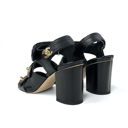 Chanel Sandals Shoes Leather Black Gold Coco Mark Logo Turnlock Velcro