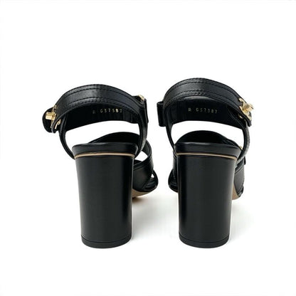 Chanel Sandals Shoes Leather Black Gold Coco Mark Logo Turnlock Velcro