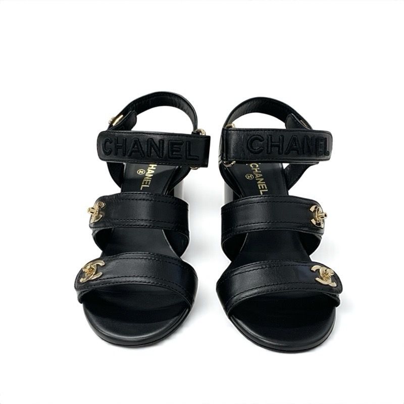 Chanel Sandals Shoes Leather Black Gold Coco Mark Logo Turnlock Velcro