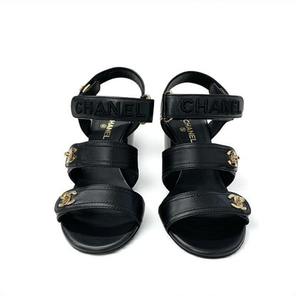 Chanel Sandals Shoes Leather Black Gold Coco Mark Logo Turnlock Velcro