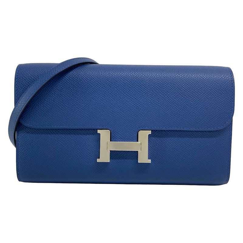 Hermes Constance Long Togo Blue Tie Shoulder Wallet Silver Hardware