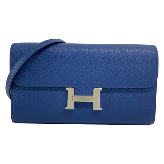 Hermes Constance Long Togo Blue Tie Shoulder Wallet Silver Hardware