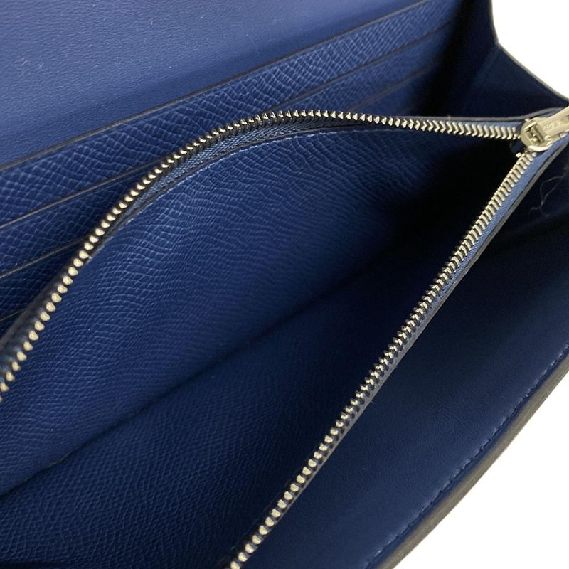Hermes Constance Long Togo Blue Tie Shoulder Wallet Silver Hardware