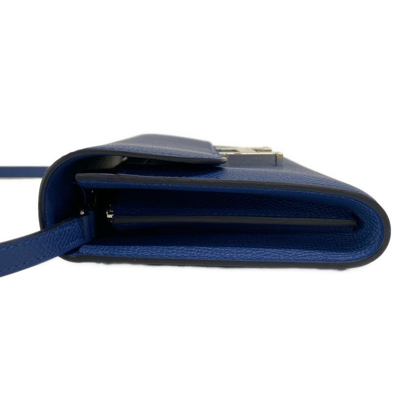 Hermes Constance Long Togo Blue Tie Shoulder Wallet Silver Hardware