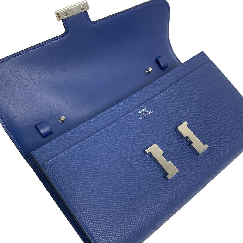 Hermes Constance Long Togo Blue Tie Shoulder Wallet Silver Hardware