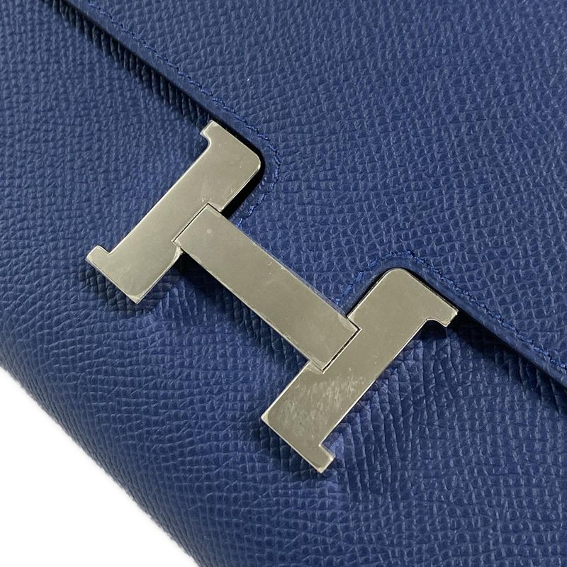 Hermes Constance Long Togo Blue Tie Shoulder Wallet Silver Hardware