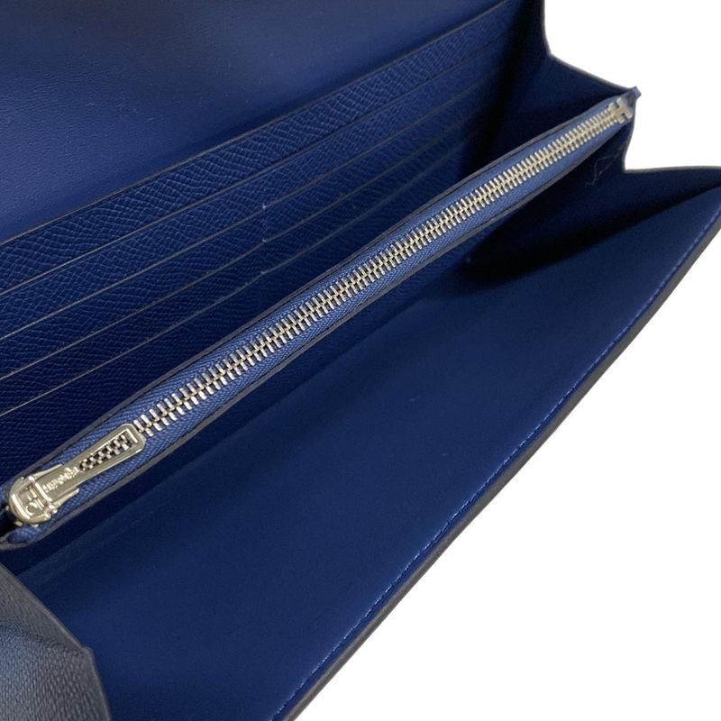 Hermes Constance Long Togo Blue Tie Shoulder Wallet Silver Hardware